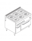 Cucina a gas 6 fuochi, forno a gas GN 2/1, fuochi aperti 4x6kw + 2x3,5kw - cam. forno cm 57,5x65x30 - cm 105x70x85h