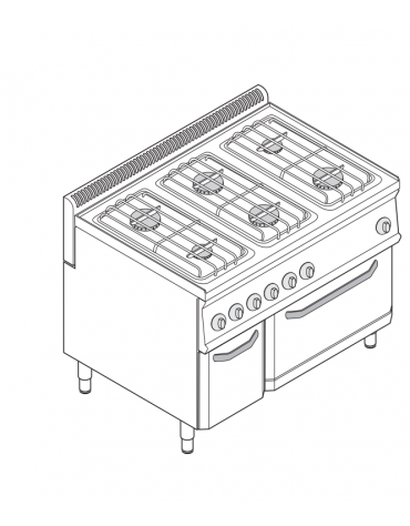 Cucina a gas 6 fuochi, forno a gas GN 2/1, fuochi aperti 4x6 + 2x3,5 n°x kW - cam. forno cm 57,5x65x30 - cm 105x70x85h