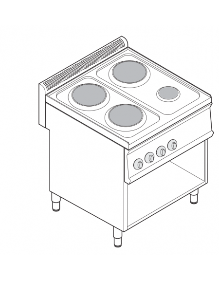 Cucina elettrica trifase-7,5kw, 4 piastre 3xØ22 + 1xØ15, su vano aperto cm 69,5x57x40 -cm 70x70x85h