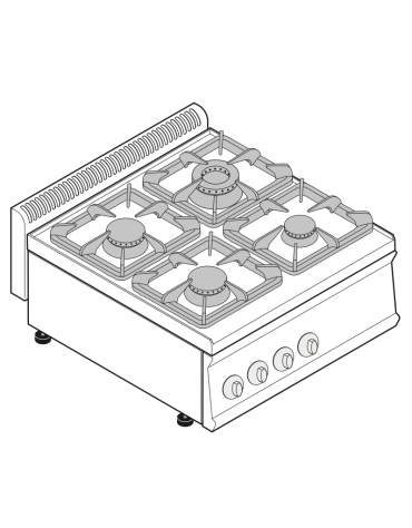 Cucina a gas 4 fuochi, potenza fuochi aperti 1x7,2kw+1x3,3kw+2x4,5kw - cm 70x70x28h