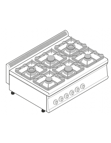 Cucina a gas 6 fuochi, potenza fuochi aperti 2x7,2kw+2x3,3kw+2x4,5kw - cm 105x70x28h