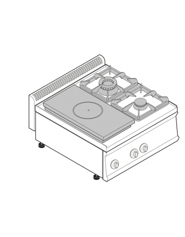 Cucinaa gas 2 fuochi +  tuttapiastra cm 30,9x55,4, potenza fuochi aperti 1x7,2kw + 1x3,3kw - cm 70x70x28h