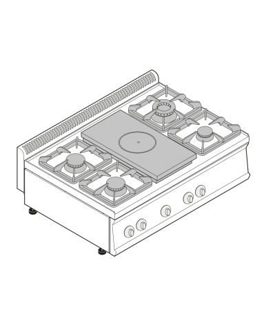 Cucina gas 4 fuochi + tuttapiastra cm 30,9x55,4, potenza fuochi aperti 1x7,2kw+2x3,3kw+1x4,5kw - cm 105x70x28h