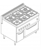 Cucina a gas 6 fuochi, forno a gas GN 2/1, fuochi aperti 2x7,2kw+2x3,3kw+2x4,5kw - cam. forno cm 57,5x65x30 - cm 105x70x85h