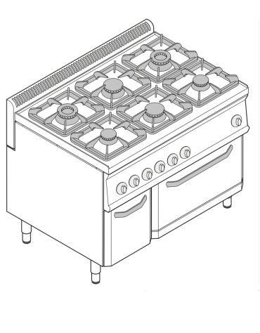 Cucina a gas 6 fuochi, forno elettr. GN 2/1, fuochi aperti 2x7,2+2x3,3+2x4,5 n°x kw - cam. forno cm 57,5x65x30 - cm 105x70x85h