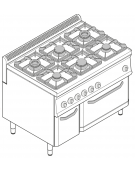 Cucina a gas 6 fuochi, forno elettrico GN1/1, fuochi aperti 2x7,2+2x3,3+2x4,5 n°xkw - cam.forno cm 57,5x51,5x30 - cm 105x70x85h