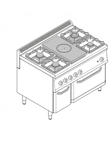 Cucina a gas 4 fuochi+ tuttapiastra, forno gas GN2/1, fuochi aperti 1x7,2kw+2x3,3kw+1x4,5kw - cm105x70x85h