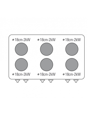 Cucina elettrica trifase-14,5 kw, 6 piastre Ø 18, forno elettrico ventilato con camera cm 62x41,5x32h - cm 105x65x85h