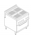 Cucina elettrica trifase-15,1kw, 4 piastre cm 22x22, su forno elettrico GN2/1, con camera cm 57x65x30 -cm 70x70x85h