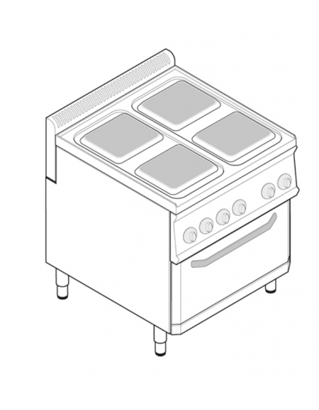 Cucina elettrica trifase-15,1kw, 4 piastre cm 22x22, su forno elettrico GN2/1, con camera cm 57x65x30 -cm 70x70x85h