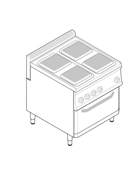 Cucina elettrica trifase-15,4kw, 4 piastre cm 22x22, su forno elettrico ventilato, con camera cm 57x51,5x30 -cm 70x70x85h