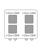 Cucina elettrica trifase-15,4kw, 4 piastre cm 22x22, su forno elettrico ventilato, con camera cm 57x51,5x30 -cm 70x70x85h