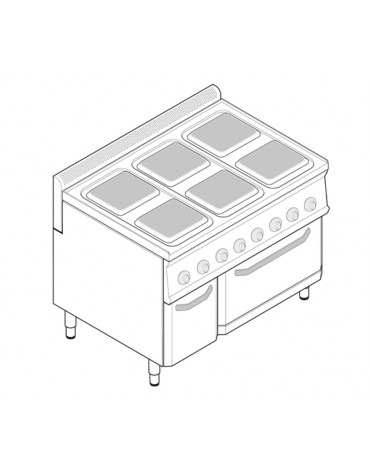 Cucina elettrica trifase-20,3kw, 6 piastre cm 22x22, su forno elettrico GN2/1, con camera cm 57,5x65x30 -cm 105x70x85h
