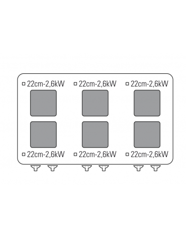 Cucina elettrica trifase-20,3kw, 6 piastre cm 22x22, su forno elettrico GN2/1, con camera cm 57,5x65x30 -cm 105x70x85h