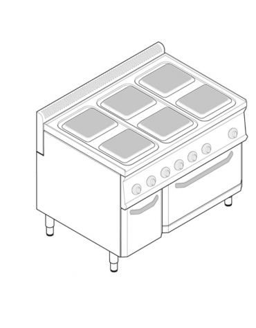 Cucina elettrica trifase-20,6kw, 6 piastre cm 22x22, su forno elettrico ventilato, con camera cm 57x51,5x30 -cm 105x70x85h