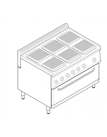 Cucina elettrica trifase-20,6kw, 6 piastre cm 22x22, su forno elettrico ventilato con camera cm 92x51,5x30 -cm 105x70x85h
