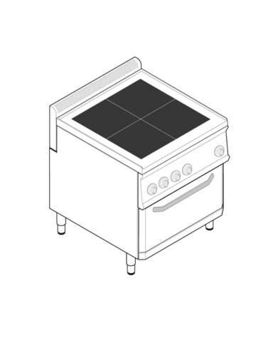 Cucina elettrica trifase-15kw, 4 piastre quadre fisse 30x30, forno elett. vent., camera cm 57x51,5x30  - dim tot. cm 70x70x85h