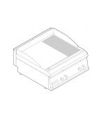 Fry top a gas da banco, 14 kw, piastra 1/3Rigata 2/3Liscia, cons. gas 1,48 m³/h - sup. di cottura cm 69,6x56,4  - dim. 70x70x28h