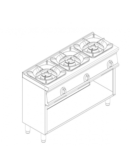 Cucina a gas 3 fuochi su vano aperto, potenza fuoco aperto 3X9kw - cm 120x45x90h