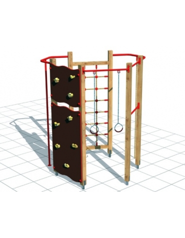 Palestrina in legno con arrampicata , fune, coppia di anelli, pertica e parete con appigli - Da interrare o da tassellare