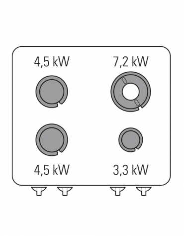 Cucina a gas 4 fuochi, forno a gas GN 2/1, fuochi aperti 1x3,3kw+2x4,5kw+1x7,2kw - cam. forno cm 57,5x65x30 - cm 80x70x90h