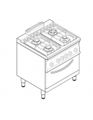 Cucina a gas 4 fuochi, forno elett. GN 2/1, fuochi aperti 1x3,3kw+2x4,5kw+1x7,2kw - cam. forno cm 57,5x65x30 - cm 80x70x90h