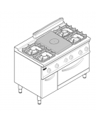 Cucina a gas 4 fuochi, 1 piastra cm 30,9x55,4, forno con camera 57,5x65x30, fuochi  1x7,2kw+1x3,3kw+2x4,5kw - cm 120x70x90h