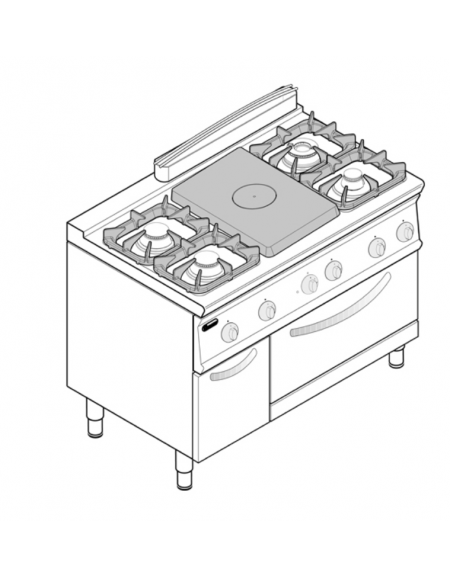 Cucina a gas 4 fuochi, 1 piastra cm 30,9x55,4, forno con camera 57,5x65x30, fuochi  1x7,2kw+1x3,3kw+2x4,5kw - cm 120x70x90h