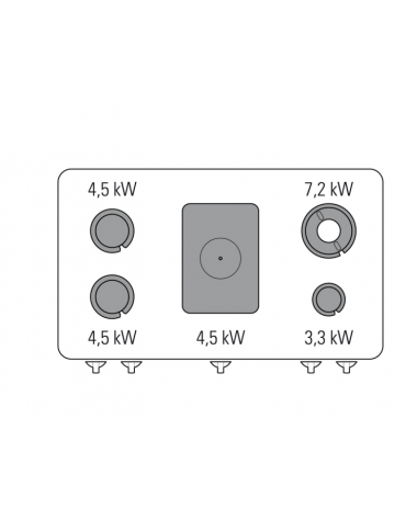 Cucina a gas 4 fuochi, 1 piastra cm 30,9x55,4, forno con camera 57,5x65x30, fuochi  1x7,2kw+1x3,3kw+2x4,5kw - cm 120x70x90h