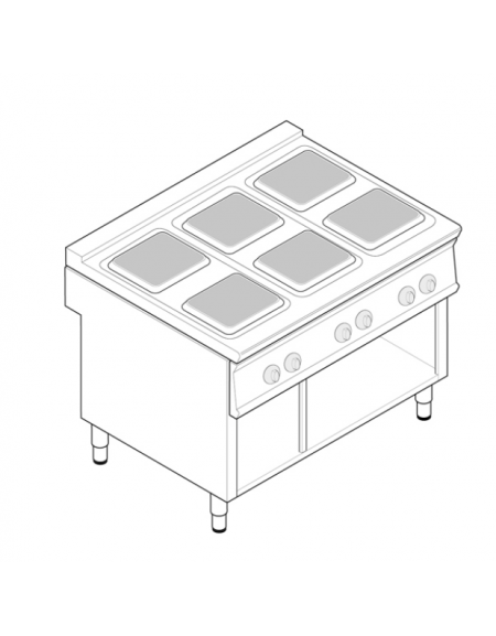 Cucina elettrica trifase - 15,6 kw, 6 piastre quadre cm 22x22, su vano aperto  - dim tot. cm 120x70x90h