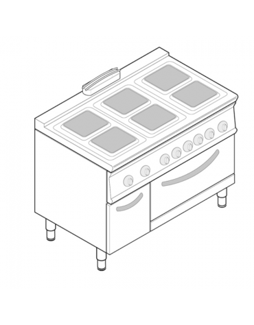 Cucina elettrica trifase-20,3kw, 6 piastre cm 22x22, su forno elettrico GN2/1, con camera cm 57,5x65x30 -cm 120x70x90h