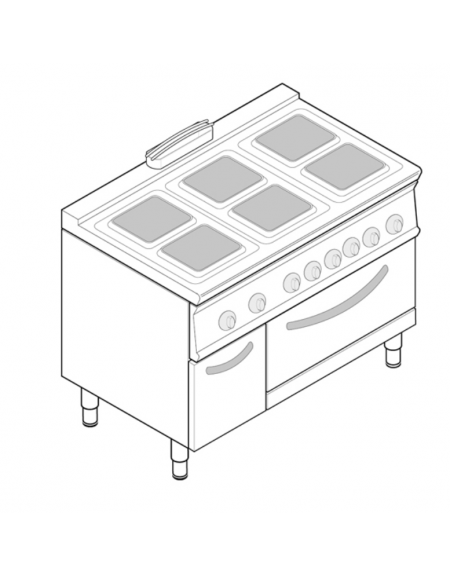 Cucina elettrica trifase-20,3kw, 6 piastre cm 22x22, su forno elettrico GN2/1, con camera cm 57,5x65x30 -cm 120x70x90h