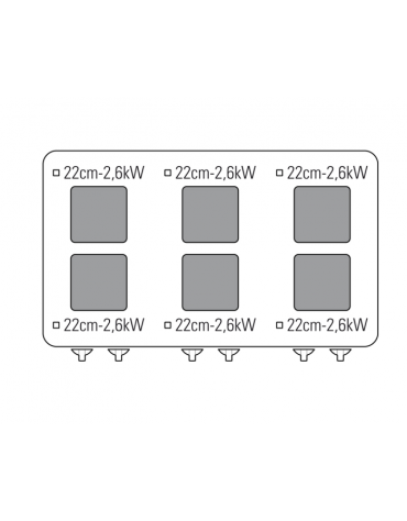 Cucina elettrica trifase-20,3kw, 6 piastre cm 22x22, su forno elettrico GN2/1, con camera cm 57,5x65x30 -cm 120x70x90h