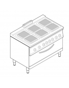 Cucina elettrica trifase-21,9kw, 6 piastre cm 22x22, su forno elettrico GN2/1, con camera cm 92,5x65x30 -cm 120x70x90h