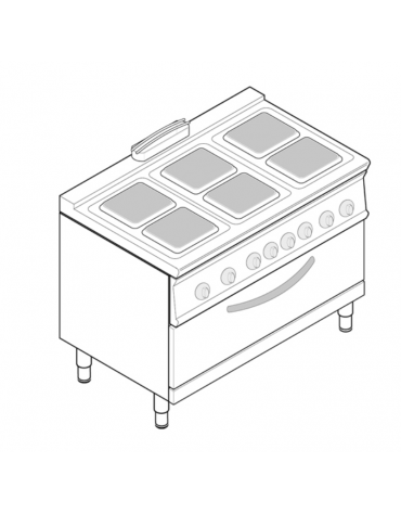 Cucina elettrica trifase-21,9kw, 6 piastre cm 22x22, su forno elettrico GN2/1, con camera cm 92,5x65x30 -cm 120x70x90h