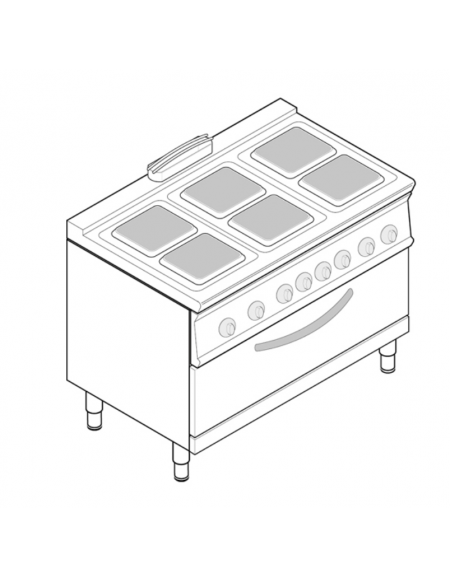 Cucina elettrica trifase-21,9kw, 6 piastre cm 22x22, su forno elettrico GN2/1, con camera cm 92,5x65x30 -cm 120x70x90h