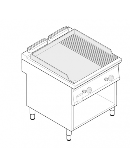 Fry top a gas su vano aperto,14 kw, piastra 1/3Rigata 2/3Liscia, cons. gas 1,48 m³/h - sup.cottura 74,8x56,4  - dim. 80x70x90h