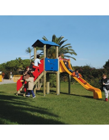 Torretta in legno 2 torrette (1 con tettuccio) scivolo polietilene - cm 370x318x315h - Da interrare o da tassellare filo pavimen