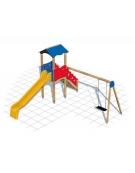 Torretta con tetto , 1 altalena sedile piano - scivolo polietilene - cm 490x445x315h