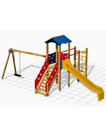 Villaggio 1 torretta, 1 arrampicata, 1 altalena con sedile piano e scivolo in vetroresina - cm 715x420x315h