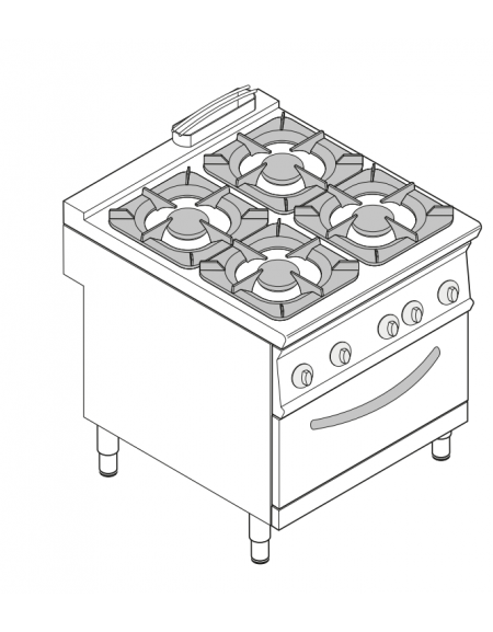 Cucina a gas 4 fuochi, forno a gas GN 2/1, fuochi aperti 4x8kw - cam. forno cm 57,5x65x30 - cm 80x90x90h