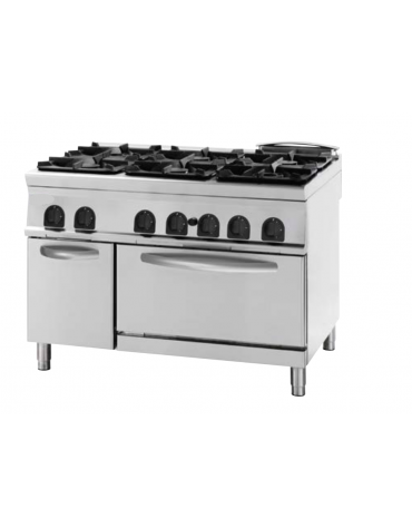 Cucina a gas 6 fuochi, forno a gas GN 2/1, fuochi aperti 6x8kw - cam. forno cm 57,5x65x30 - cm 120x90x90h