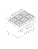 Cucina a gas 6 fuochi, forno a gas statico GN 2/1, fuochi aperti 6x8kw - cam. forno cm 57,5x65x30 - cm 120x90x90h