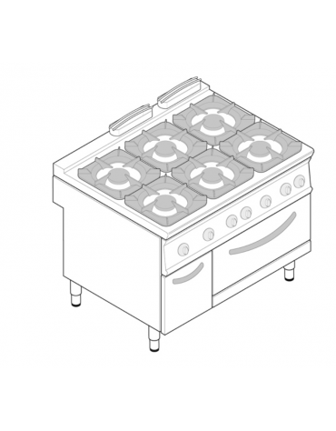 Cucina a gas 6 fuochi, forno a gas GN 2/1, fuochi aperti 6x8kw - cam. forno cm 57,5x65x30 - cm 120x90x90h