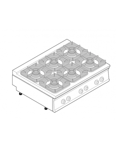 Cucina a gas professionale 6 fuochi da banco, potenza fuochi 6x9kw - cm 120x90x28h