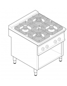 Cucina a gas 4 fuochi su vano aperto, potenza fuochi 2x5,5kw + 2x9kw - cm 80x90x90h