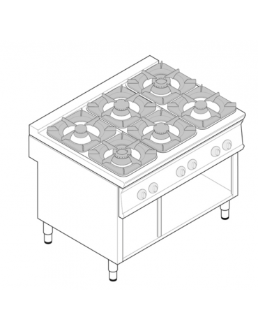 Cucina a gas 6 fuochi su vano aperto, potenza fuochi 4x5,5kw + 2x9kw - cm 120x90x90h