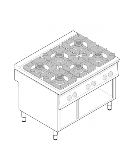 Cucina a gas 6 fuochi su vano aperto, potenza fuochi 6x9kw - cm 120x90x90h