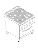 Cucina a gas 4 fuochi, forno a gas GN 2/1, fuochi aperti 2x5,5kw + 2x9kw - cam. forno cm 57,5x65x30 - cm 80x90x90h