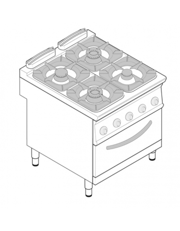 Cucina a gas 4 fuochi, forno a gas GN 2/1, fuochi aperti 2x5,5kw + 2x9kw - cam. forno cm 57,5x65x30 - cm 80x90x90h